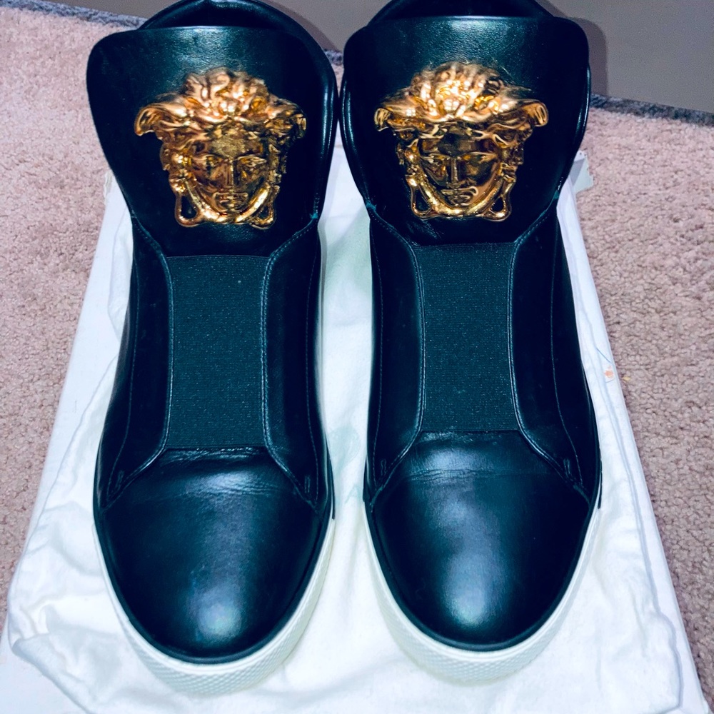 Versace black and white leather sneakers with gold Medusa head